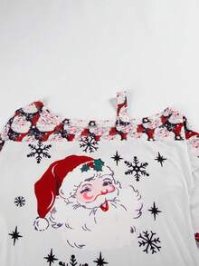Santa Claus & Snowflake Print Asymmetrical Collar Casual T-Shirt, For Spring/Autumn - White - View 4
