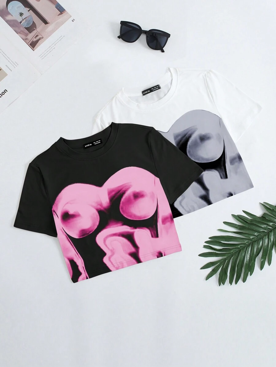 SHEIN Unity 女款簡約印花圓領短袖T恤 - 彩色 - 查看 1