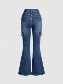 SHEIN Tween Girl Y2K Washed Denim Flare Leg Jeans - Medium Wash - View 2