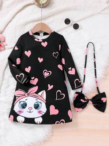 Knitted Loose Casual Cat Print Round Neck Dress And Crossbody Bag For Young Girls - Black - View 3
