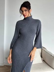 SHEIN Privé 女士灰色高领开袖中长款毛衣连衣裙，秋冬 - 灰色 - 查看 4