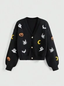 ROMWE Women Casual Cute Girl's Pumpkin, Ghost, Bat, Cat Embroidery Knitted Black Cardigan Sweater For Halloween