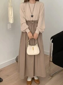 DAZY Women's Round Neck Color Block Paper Bag Waist Elegant Long Sleeve Dress,Casual Women Dresses,Back To School Clothes,Fall Dress - Camel - View 7