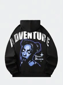 ROMWE MEN Grunge Punk Men's Spring & Autumn Casual Blurred Human Figure Print Zipper Hooded Sweatshirt, Vintage Style