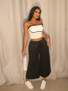 Zolique Damen Bequeme Hose mit elastischem Bund und Kordelzug, weite Beine - Schwarz - Übersicht 4