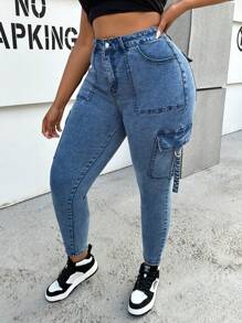 Quần jean denim bó co giãn thường ngày cỡ lớn, màu xanh lam - Màu xanh lam - Xem 4