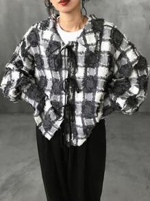 FRIFUL 女士春秋格子系带超大长袖休闲衬衫、法兰绒女装、秋季女装 - 黑色 - 查看 8