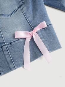 SHEIN MOD Women's Patch Pocket Contrast Bow Detail Zipper Placket Denim Jacket - Blue - View 4