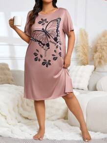 Plus Casual Loose Butterfly Print Short Sleeve T-Shirt Dress, All Seasons, Moo Moo - Multicolor - View 5