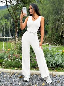 SHEIN PETITE 2件組女款夏季純色單排扣背心與牙籤褲休閒套裝，適合嬌小女性 - 白色 - 查看 3