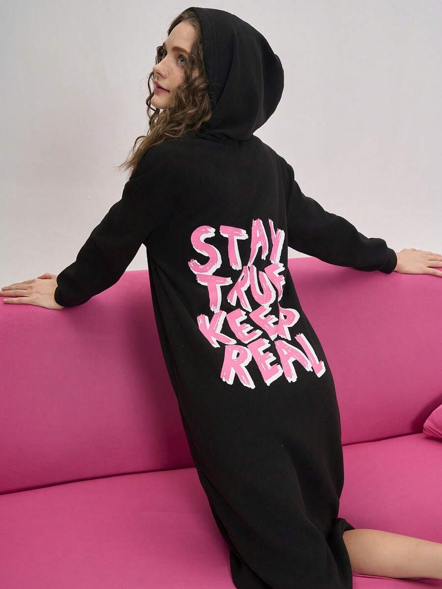 Áo ngủ trùm đầu in khẩu hiệu lông cừu cho nữ - màu đen - Xem 1