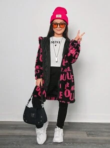 Tween Girls Y2K Style Letter Printed Reversible Fleece Jacket - Black - View 5