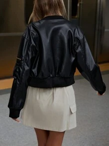 GENKIRA Urban Cargo Pocket PU Leather Bomber Jacket - Black - View 2