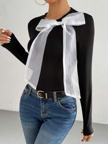 Chiquease Women's Long Sleeve Slim Fit T-Shirt With Bow Decoration, Spring & Autumn