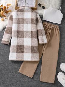 SHEIN 3 Stücke/Set Tween Mädchen Top Einfarbig, Hose und karierte Jacke aus Plüsch als lässiges Outfit