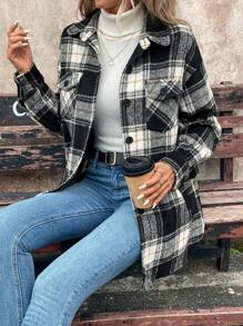 SHEIN LUNE Retro Plaid Woolen Casual Shirt-Style Jacket For Women With Collar, Button, Pockets, Asymmetrical Hemline, Elegant Look For Commuting & Going Out In Autumn And Winter