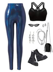 SHEIN Quần túi xéo cạp chun cho bé gái tuổi teen - Màu xanh hải quân - Xem 2