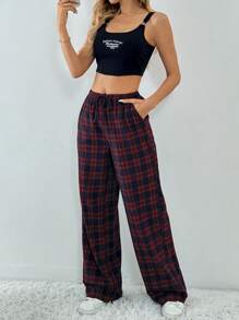 SHEIN Tall Plaid Printed Drawstring Waistband Slanted Pocket Loose Casual Wide Leg Pants - Red - View 7