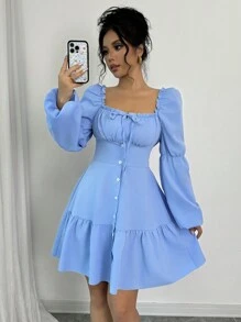 Rafferiza Women's Square Neck Long Lantern Sleeve Ruffle Hem A-Line Dress Fall Cloth For Women - Blue - View 6