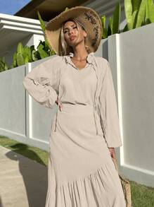 EURMUSE 2pcs Set Woven Ruffle Collar Bishop Sleeve Blouse & Skirt - Beige - View 3
