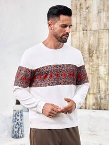 Manfinity Homme Herren Grafik Muster Kontrast Rundhals Pullover Sweatshirt, Lässiger Alltags Tragen - Orange - Übersicht 3