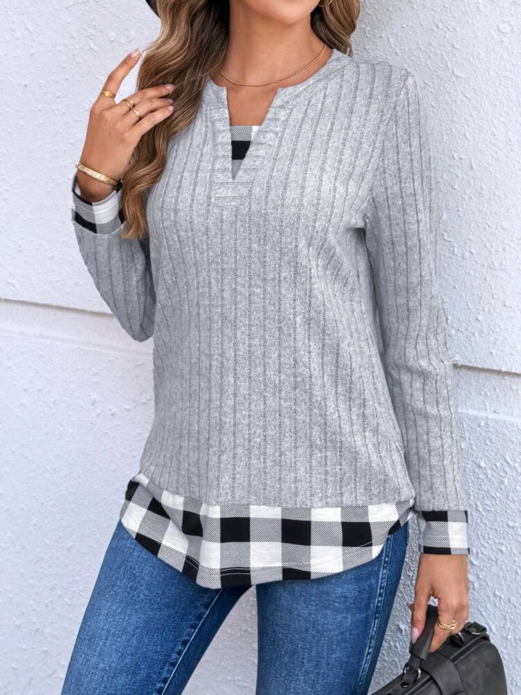 Women's Casual Plaid Patchwork Long Sleeve Tops