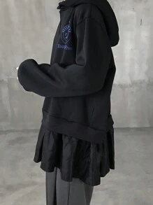 FRIFUL 女款荷葉邊拼接字母印花連帽寬鬆加厚保暖內裡運動衫，秋季女裝連帽衫 - 黑色 - 查看 6