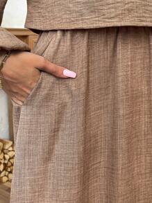 EMERY ROSE 大码休闲落肩宽松衬衫和斜口袋中裙两件套 - 卡其色 - 查看 4