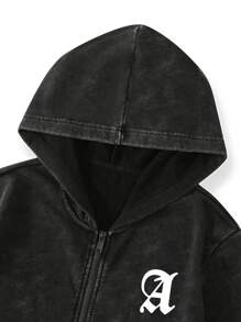 Manfinity EMRG Men's Casual Letter Print Zip Front Hooded Sweatshirt, Fall/Winter - Black - View 2