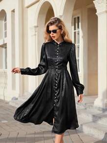 Chiquease Elegant Vintage Stand Collar Cinched Waist Contrast Button Puff Sleeve Flared Hem Mini Dress Fall Cloth For Women - Black - View 4