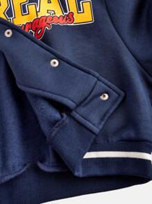 SHEIN Teen Girls  Knit Printed Color Block Fleece Trim Sports Cropped Jacket - Navy Blue - View 3