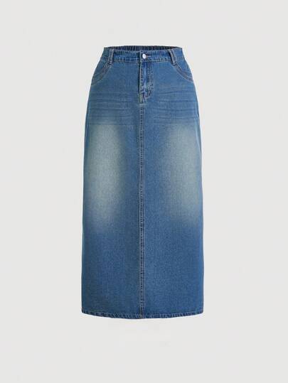 SHEIN MOD Plus Size Casual Loose-Fit Long Denim Skirt, Blue