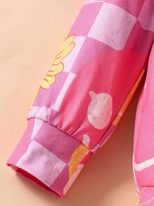 2pcs Floral Checkerboard Print Round Neck Long Sleeve Ruffle Blouse And Pants Casual Outfit For Young Girl, Spring Autumn - Hot Pink - View 6