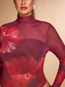 SHEIN BAE Malla larga de manga larga con estampado floral grande, elegante, sexy y dulce, body de talla grande para otoño