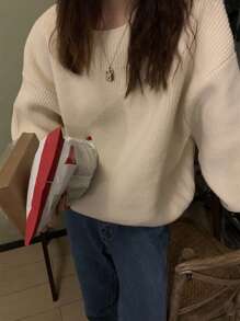 DAZY Áo len dày cổ tròn trơn màu cho nữ, trang phục mùa thu - Màu be - Xem 6