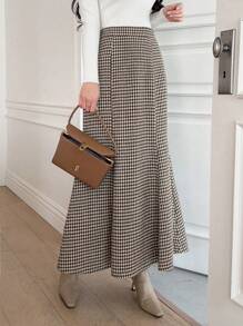 DAZY 女士优雅千鸟格长款A字裙 - 咖啡棕 - 查看 2