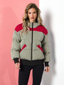 VARSITIE Contrast Printed Hooded Long Sleeves With Threaded Stitching Women Sports Winter Coats - Green - View 5