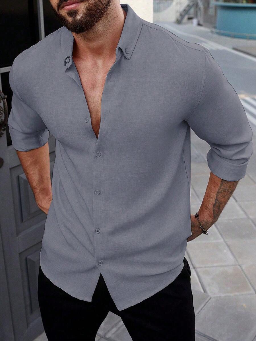 Manfinity Homme 男士纯色长袖休闲办公衬衫，春秋