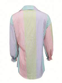 Plus Size Women Striped Print Casual Shirt Spring - Yellow - View 2
