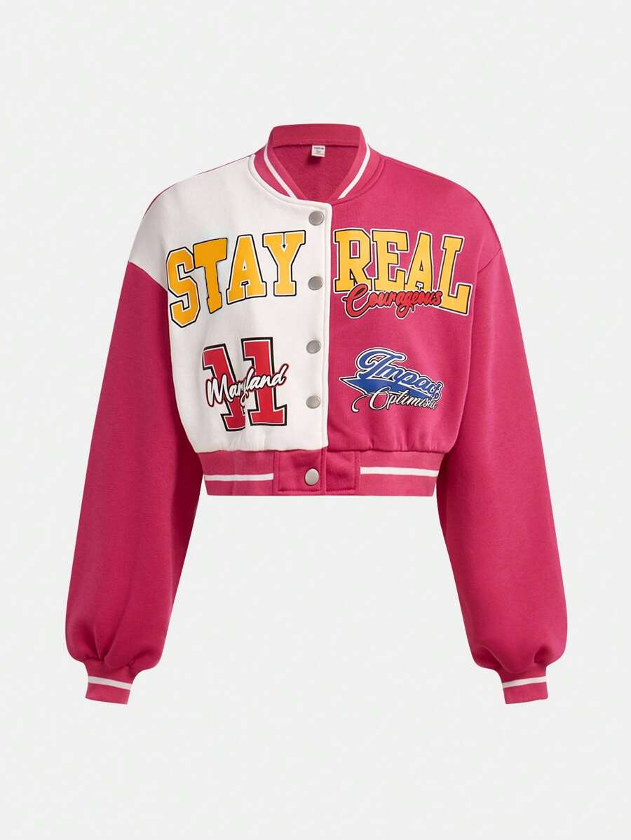 SHEIN Teen Girl Knit Print Color Block Ribbed Fleece Cropped Bomber Jacket - Hot Pink - View 1