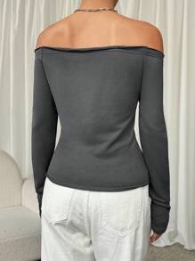 SHEIN EZwear 1 件女式露肩休闲长袖 T 恤，深灰色 - 灰色 - 查看 2