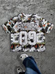 Manfinity Roughcore 男式加大码圆领字母和数字印花短袖 T 恤 - 彩色 - 查看 1