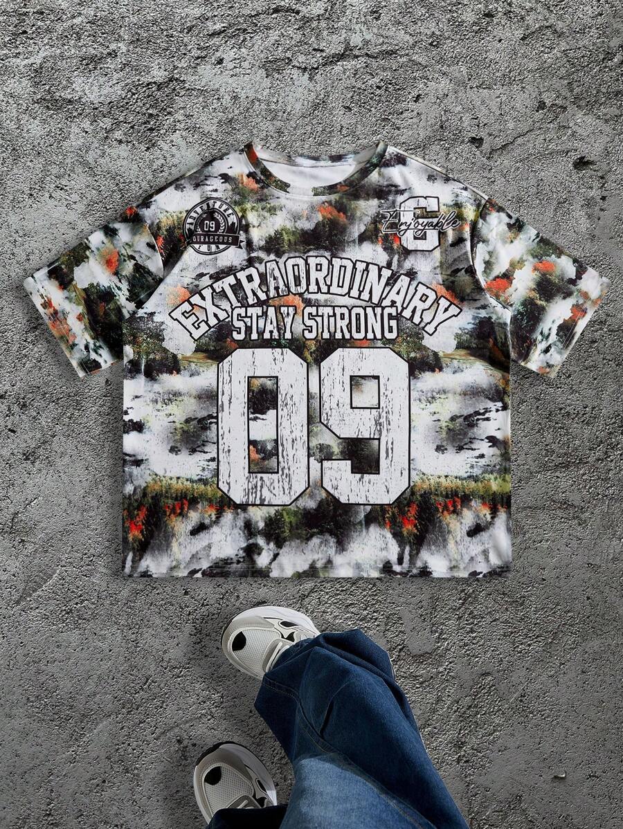 Manfinity Roughcore 男式加大码圆领字母和数字印花短袖 T 恤 - 彩色 - 查看 1