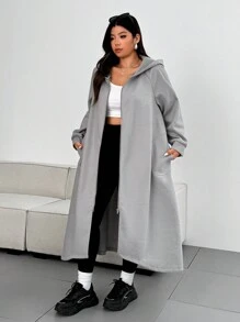 Flirla 大码 2024 春秋女式灰色连帽拉链长款休闲夹克带侧袋 - 灰色 - 查看 6