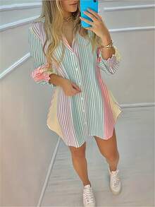 Plus Size Women Striped Print Casual Shirt Spring - Yellow - View 3