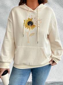 EMERY ROSE Plus Size Casual Sunflower Print Drawstring Hoodie, Autumn Pullover Fall Winter - Apricot - View 1
