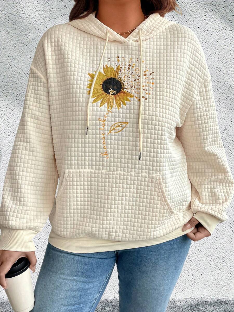 EMERY ROSE Plus Size Casual Sunflower Print Drawstring Hoodie, Autumn Pullover Fall Winter - Apricot - View 1