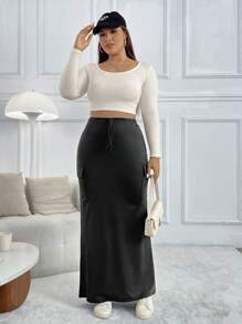 SHEIN EZwear 大码女式黑色实用口袋鱼尾裙，秋冬 - 黑色 - 查看 3