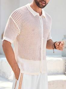 Manfinity RSRT 男士白色镂空针织开衫 - 白色 - 查看 4