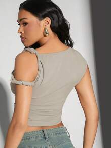 Denimoi Áo Crop Top Xoắn Bất Đối Xứng - Màu Xám nhạt - Xem 4